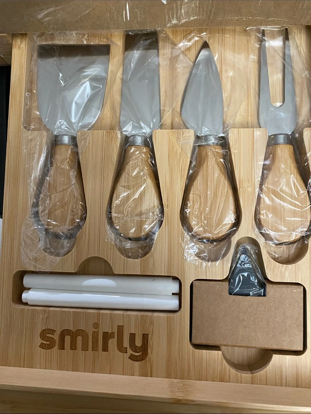 Charcuterie, Bamboo Cheese Board & Knife Set with two ramekins- Natural Wood
